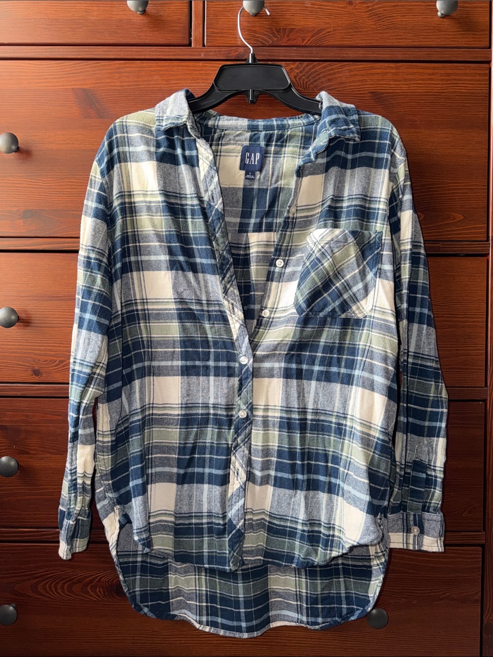 Gap Plaid Flannel Navy Moss Green White High Low Hem | Size L